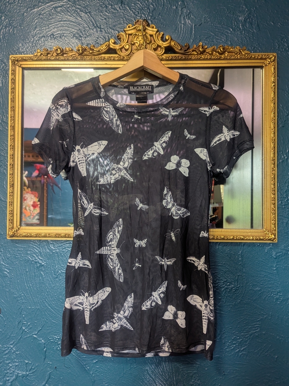 Blackcraft Cult Black And Grey Sheer Moth Print Short Sleeve Top